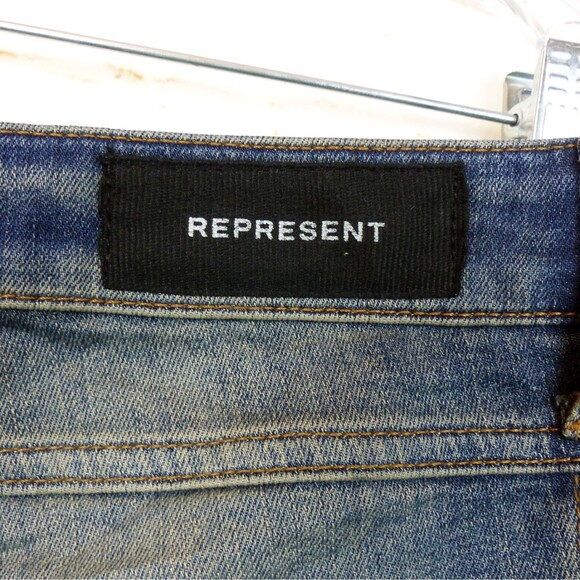 Represent Biker Jeans Mens 32 Blue Sand Stone Destroy Wash Moto Rib Skinny Rock - Picture 12 of 15
